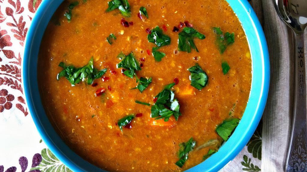 Lentils Soup · Masoor Lentils cooked with onions, tomatoes, bell peppers, garlic and herbs. Vegan and Vegetarian