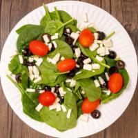 Spinach Salad · Fresh spinach with tomato, feta cheese, and black olives.