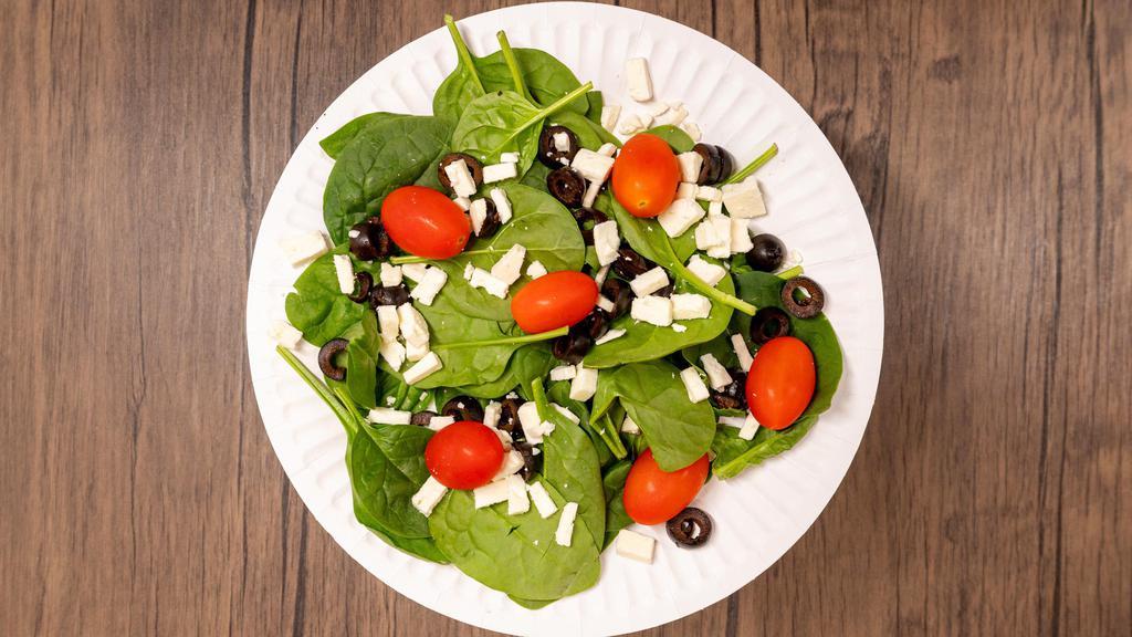 Spinach Salad · Fresh spinach with tomato, feta cheese, and black olives.
