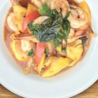 Pad Ma Muang · Spicy. Gluten-free upon request. Fiery wok-fried choice of meats with sweet mango in a basil...