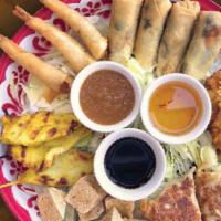 App Platter · All classic appetizer: paupia, Kao pode Tod, kieow Tod, chicken satay, goong gra bog, and to...