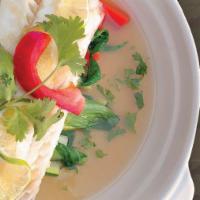 Pla Nueng Manow · Steamed fillet cod in lime juice serve with zucchini, carrot, bok-choy, cilantro, bell peppe...