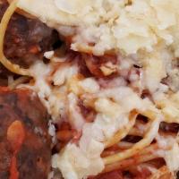 Spaghetti with Meatballs · Three House Meatballs simmered in Marinara Sauce, and Parmesan Cheese.