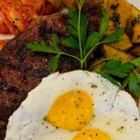 Steak & Eggs · Gluten free. 8 oz certified Black Angus New York Strip, grilled to your desire, served with ...