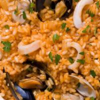 ❤️Seafood Risotto · Risotto with clams, mussels, shrimp, calamari and salmon in a saffron seafood sauce