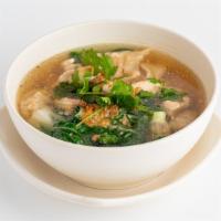 Wonton Soup · Ground chicken and shrimp wrapped in wonton skin and served in a chicken broth with bok choy