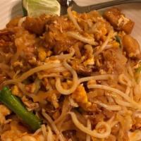 Pad-Thai · Vegetarian. Pan fried rice noodles with tofu, egg, crushed peanuts & bean sprouts.