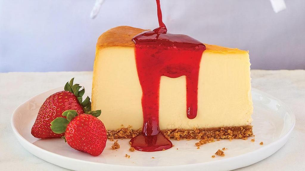 New York Style Cheesecake · Vanilla cheesecake with graham cracker crust topped with strawberry or caramel sauce, or served plain. .