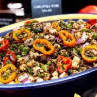 Tri-Bean Salada · Black, green and yellow chickpeas tossed with baby peppers, scallions, red onion, fresh herb...