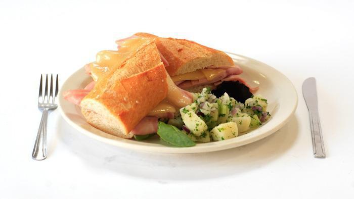 Ham & Swiss Baguette Sandwich · Ham and swiss on a baguette.