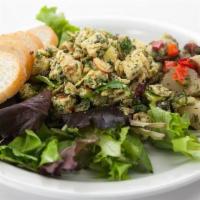 Chicken Sonoma Salad · Chicken breast with celery, green apple, vegan mayo, toasted almonds, and fresh herbs on spr...