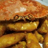 Salt & Pepper Crab 椒鹽珍寶蟹 · Stir-fried crab with mix salt, white pepper, sugar, and five spice pepper.