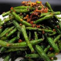 String Bean With Homemade Sauce 醬爆四季豆 · Stir Fried String Bean with homemade sauce, minced pork and dried shrimps.