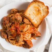 Spaghetti with Meatballs · Home made meatballs, marinara sauce, cheese tossed w/ spaghetti.