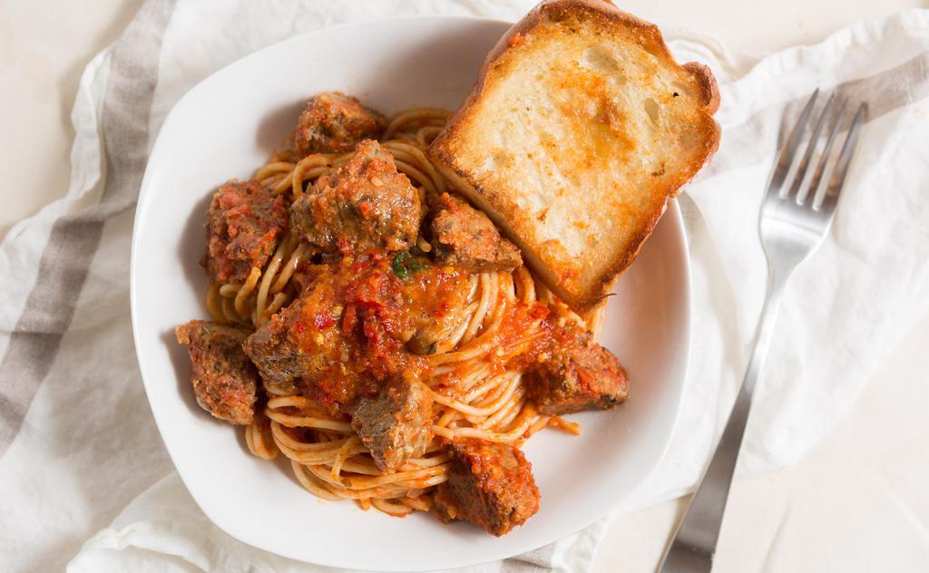 Spaghetti with Meatballs · Home made meatballs, marinara sauce, cheese tossed w/ spaghetti.