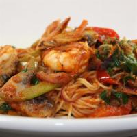 Shrimp Alla Primavera · Shrimp, garlic, assorted vegetables, tomato sauce w/ angel hair pasta.