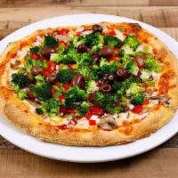 Primavera pizza · Mushroom, green pepper, kalamata olives, onion, broccoli, cheese and tomato sauce.