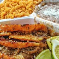 3 QuesaBirria Taco Combo · 3 QuesaBirria Tacos, Corn Tortillas, Rice, Shredded Beef, Beans, Consume, Chips, Salsa's