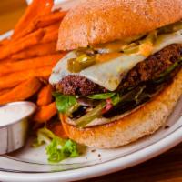 Southwest Veggie Burger · House made black bean & quinoa patty, Pepper Jack cheese, jalapenos, mixed greens,chipotle m...
