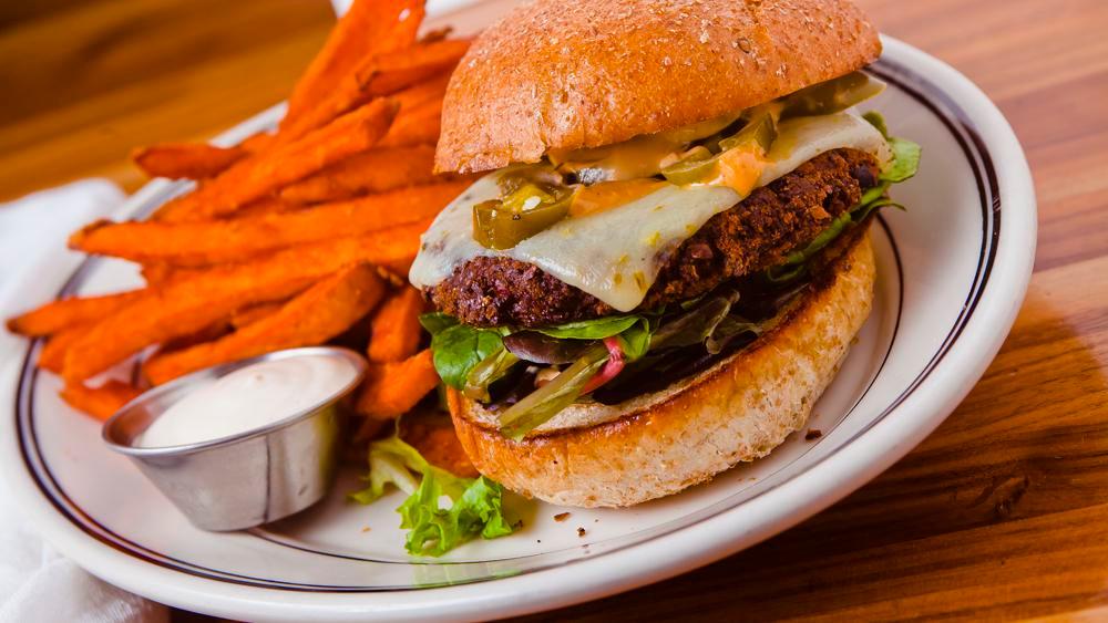 Southwest Veggie Burger · House made black bean & quinoa patty, Pepper Jack cheese, jalapenos, mixed greens,chipotle mayo, whole wheat bun or lettuce wrap.