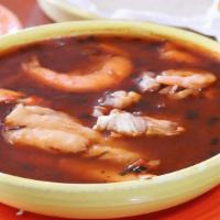Caldo de Camarones / Shrimp Broth · Sopa de mariscos con camarones, chile y vegetales. / Seafood soup with shrimp, chili and veg...