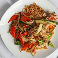 Yaki Soba · Sautéed Japanese noodles with vegetables, chicken, and seafood.