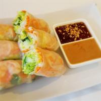 Fresh Spring Roll · Fresly cooked rice wrapped with shrimp, lettuce, cucumber, carrot, mint, cilantro served wit...