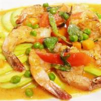 Avocado Grilled Shrimp  +rice · Treadition red Thai herbal cooked in rich coconut milk with grilled shrimp , pea, carrot, re...