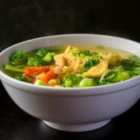 Vegetarian Pho · rice noodle soup with veggie broth, bok choy, carrots, broccoli, and tofu