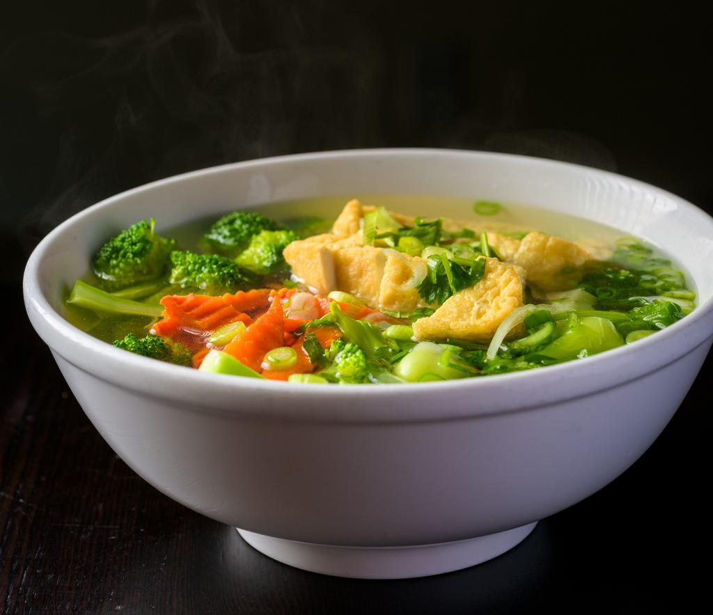 Vegetarian Pho · rice noodle soup with veggie broth, bok choy, carrots, broccoli, and tofu