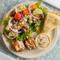 4. Mediterranean Plate · Hummus, falafel, mixed greens, tomato, red onion, cucumbers, olives & feta cheese, served wi...