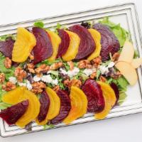 Roasted Beet & Goat Cheese Salad · Organic Mixed Spring Greens, Goat Cheese, Walnuts, Pears and Red Onions Tossed in Our House ...