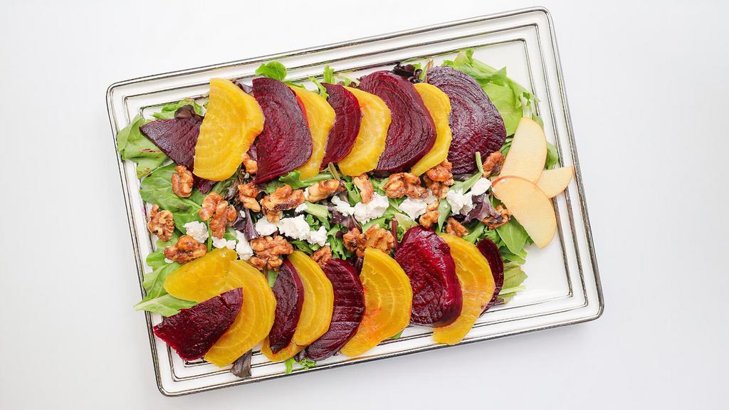 Roasted Beet & Goat Cheese Salad · Organic Mixed Spring Greens, Goat Cheese, Walnuts, Pears and Red Onions Tossed in Our House Balsamic Vinaigrette. Served with French Bread