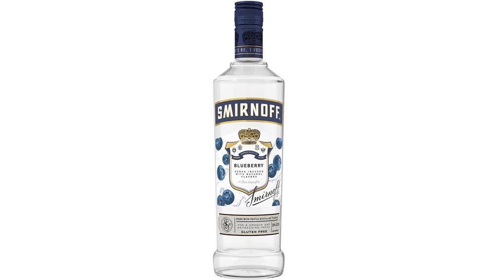 Smirnoff Blueberry (750 ml) · Smirnoff Blueberry is infused with a natural blueberry flavor for a smooth and delicious taste. This juicy berry flavor pairs best with soda water, lemonade, or cranberry juice. Smirnoff Blueberry is Kosher Certified and gluten free.