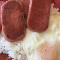 Spam & Egg · Served with rice or hash brown. Eggs can be cooked sunny side up, over easy, over medium, ov...