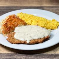 Chicken Fried Steak & Eggs · Homemade country gravy, Two eggs, hash browns, toast or pancakes.