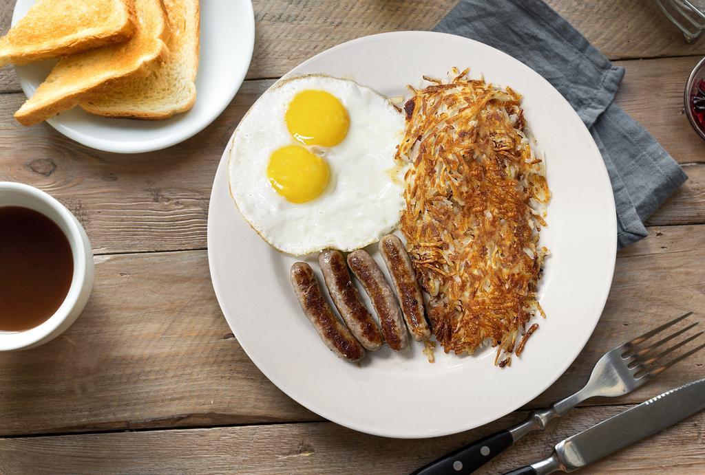Sausage & Eggs · Neto brand, four pork links, Two eggs, hash browns, toast or pancakes.