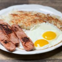 Chicken Apple Sausage & Eggs · Aidells all natural  chicken apple sausage,Two eggs, hash browns, toast or pancakes.