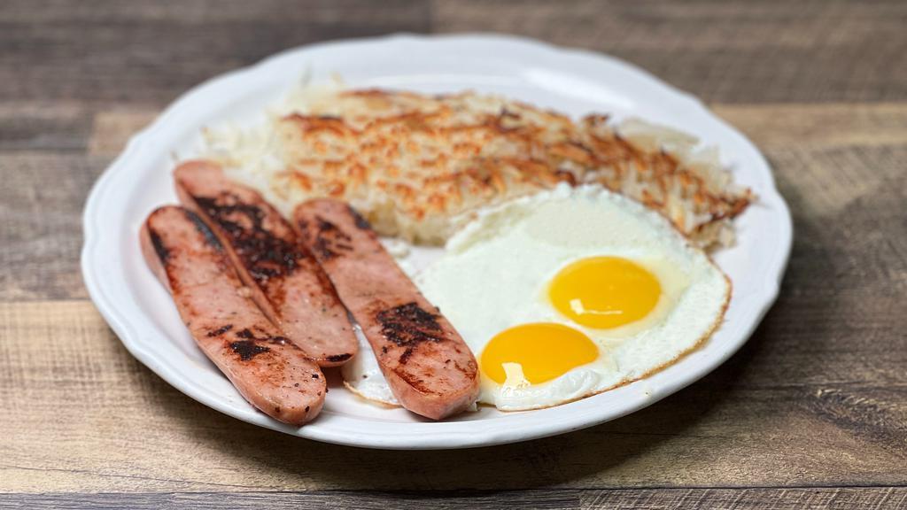 Chicken Apple Sausage & Eggs · Aidells all natural  chicken apple sausage,Two eggs, hash browns, toast or pancakes.