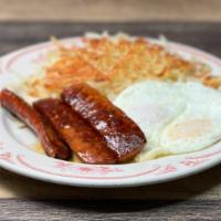 Linguica & Eggs · Mildly spiced Linguica, Two eggs, hash browns, toast or pancakes
