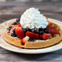 Very Berry Waffle · Belgian waffle, strawberries, blueberries, powdered sugar.