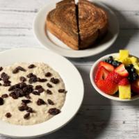 Morning Starter · Oatmeal, raisins, fresh fruit, toast.