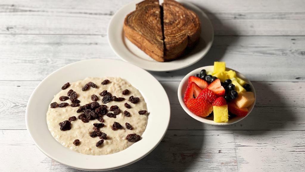Morning Starter · Oatmeal, raisins, fresh fruit, toast.