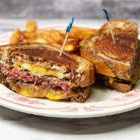 Patty Melt · Grilled onions, rye bread, jack and cheddar.