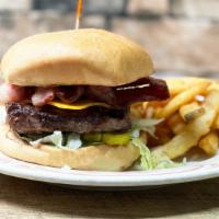Bacon Cheese Burger · Bacon, Lettuce, tomato, red onion, pickles.