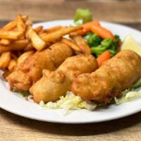 Fish & Chips · All white fish, beer-battered and deep-fried. Served with french fries.