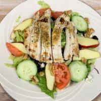Apple Harvest Salad · Chicken breast, apples, candied walnuts, dried cranberries, avocado, tomatoes, cucumbers, bl...