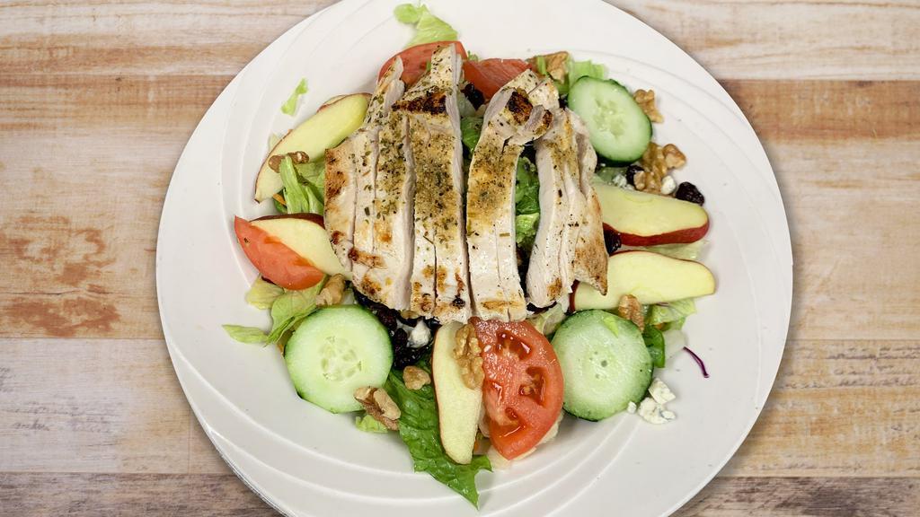 Apple Harvest Salad · Chicken breast, apples, candied walnuts, dried cranberries, avocado, tomatoes, cucumbers, bleu cheese crumbles, apple cider dressing.