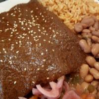 Mole Enchiladas · 3 chicken mole enchiladas, served with rice, pinto beans, and pickled jalapeno slaw