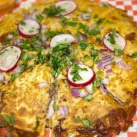 Birria Pizza · Contains Gluten. Beef cooked in its own broth with spices, cheese, onions, cilantro, radish,...